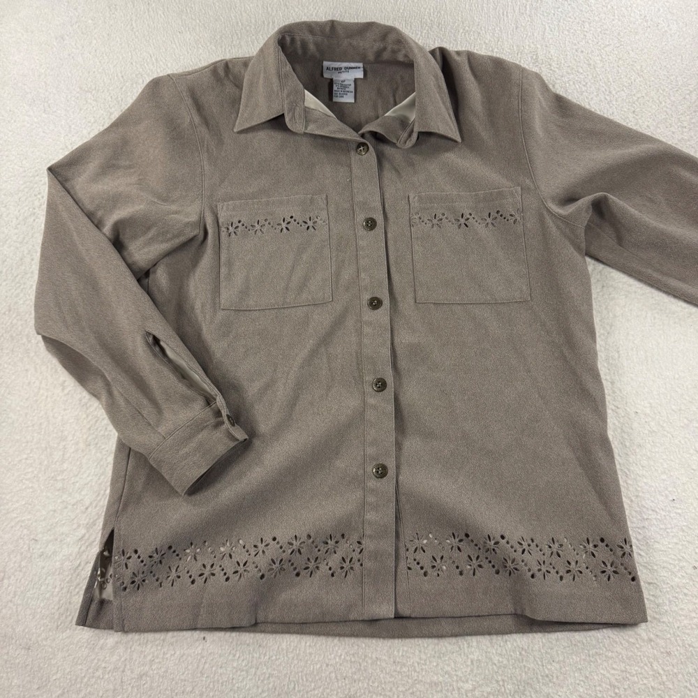 Alfred Dunner Faux Suede Shirt Women 6P Taupe Excellent Floral Eyelet Button Up
